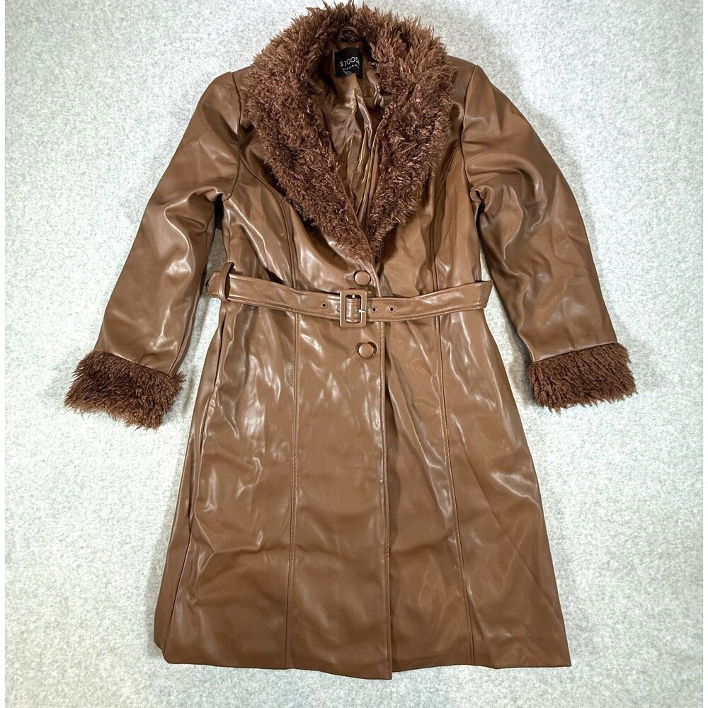 STOOSH Trench Coat Faux Leather & Fur Belted Long Brown Retro 70s XL Penny Lane